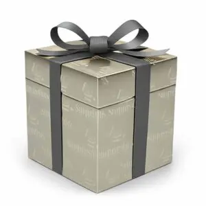 A silver gift box with a dark gray ribbon tied in a bow.