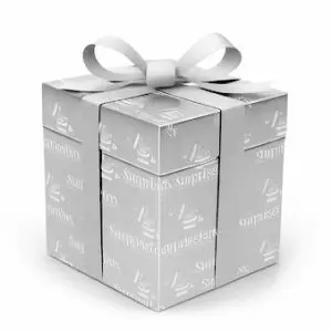 Elegant silver gift box with a shiny ribbon bow.