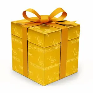 Golden gift box with a shiny ribbon bow.