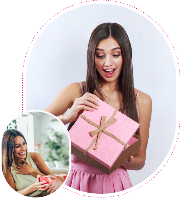 A woman joyfully opening a pink gift box with a smaller image of her smiling while using a phone.