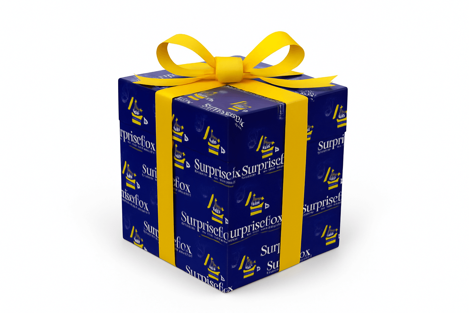 Gift box wrapped in blue paper with yellow ribbon and bow.